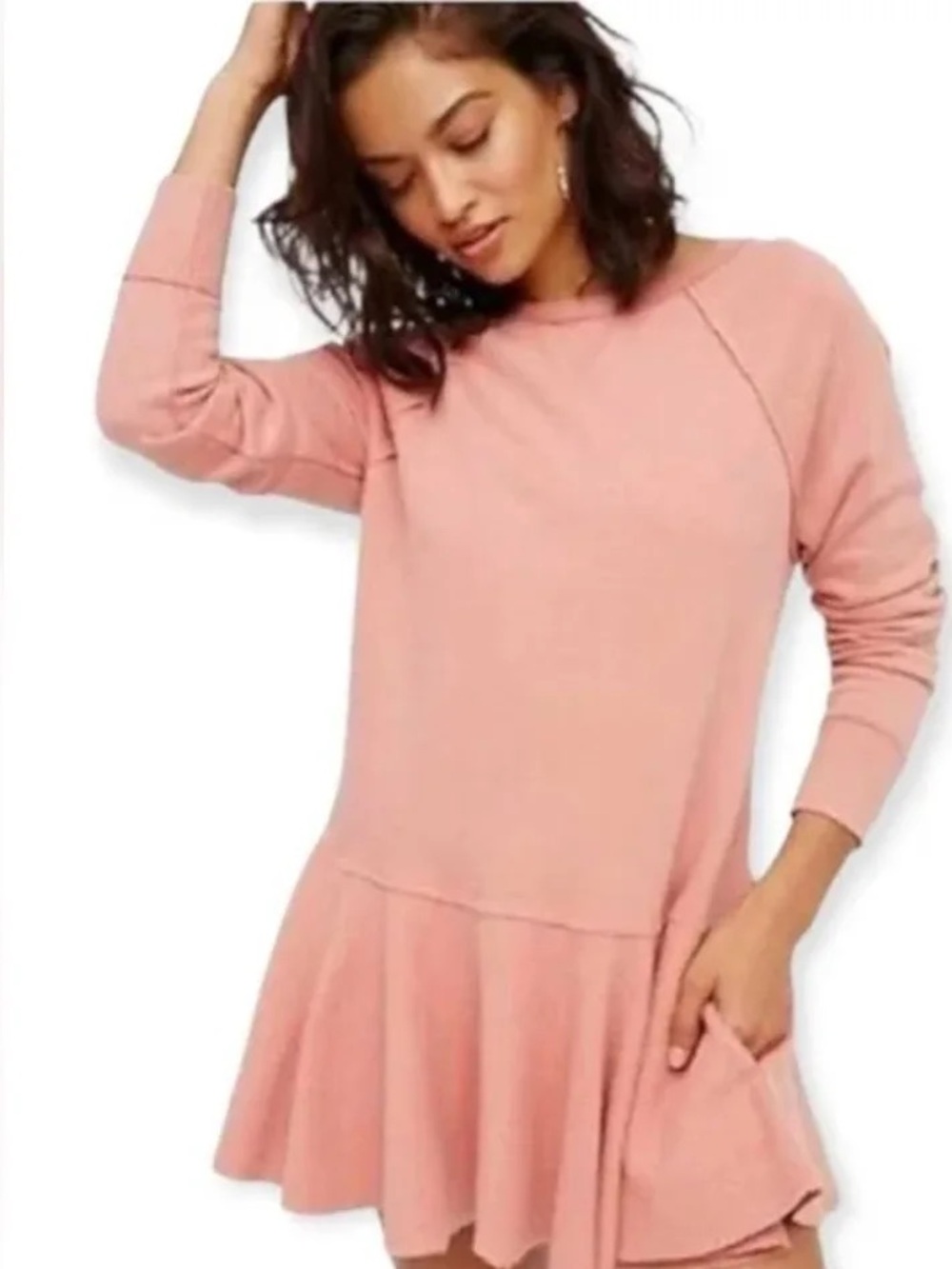 Free People Pink Peplum Sweatshirt Mini Dress with Pockets